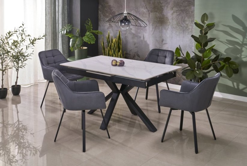 Rozkladací jedálenský stôl PLATAN 140(180)x85 biely mramor/čierny