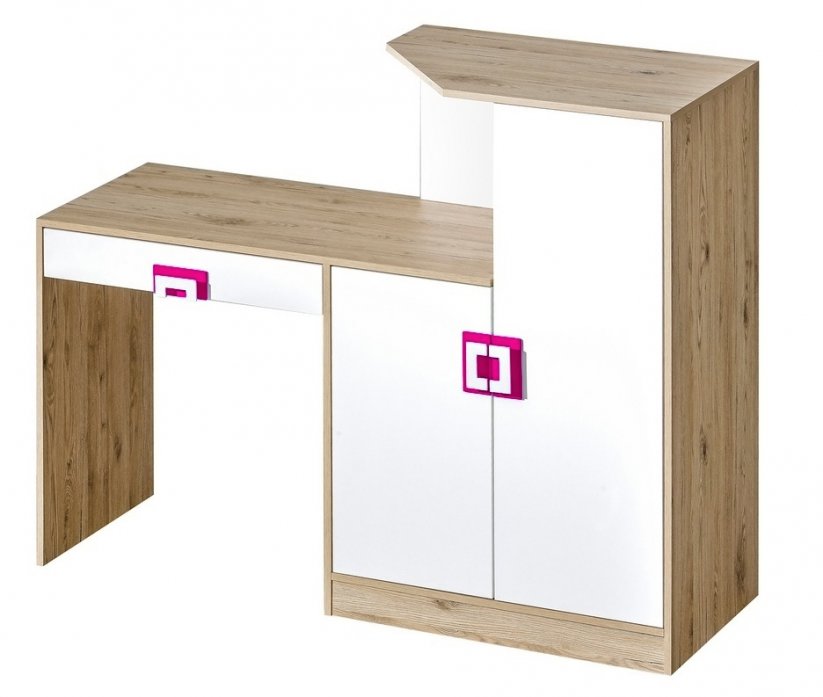 Pracovný stôl s komodou NIKO 11 dub jasný/biela/ružová