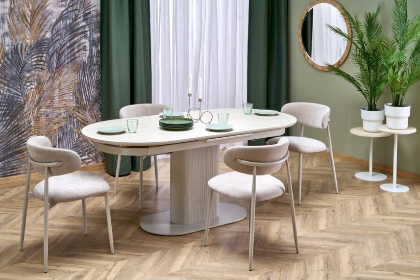 Rozkladací jedálenský stôl FALONE 180(220)x90 svetlý travertín / kašmírová podnož