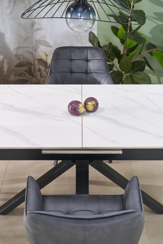 Rozkladací jedálenský stôl PLATAN 140(180)x85 biely mramor/čierny