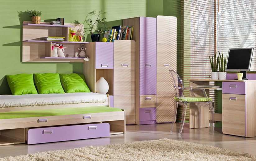 Výsuvná postel s úložným prostorem LIMO L16 jasan/fialová
